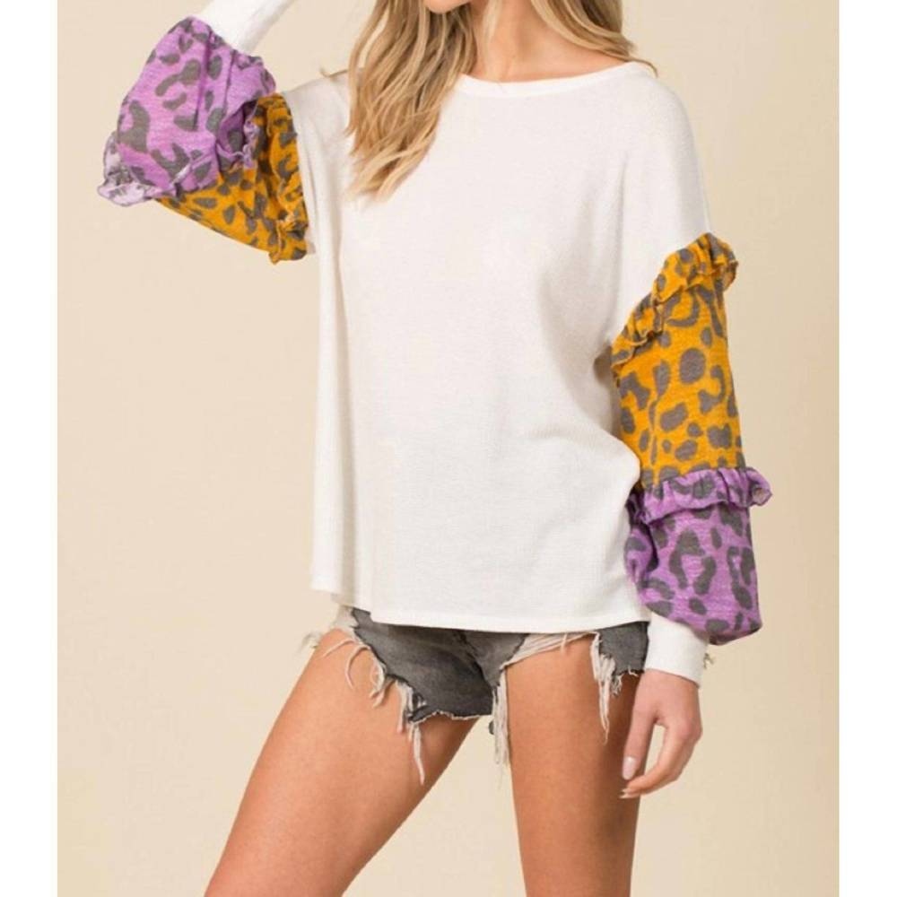 NEW BLUE BUTTERCUP color block leopard top in white
